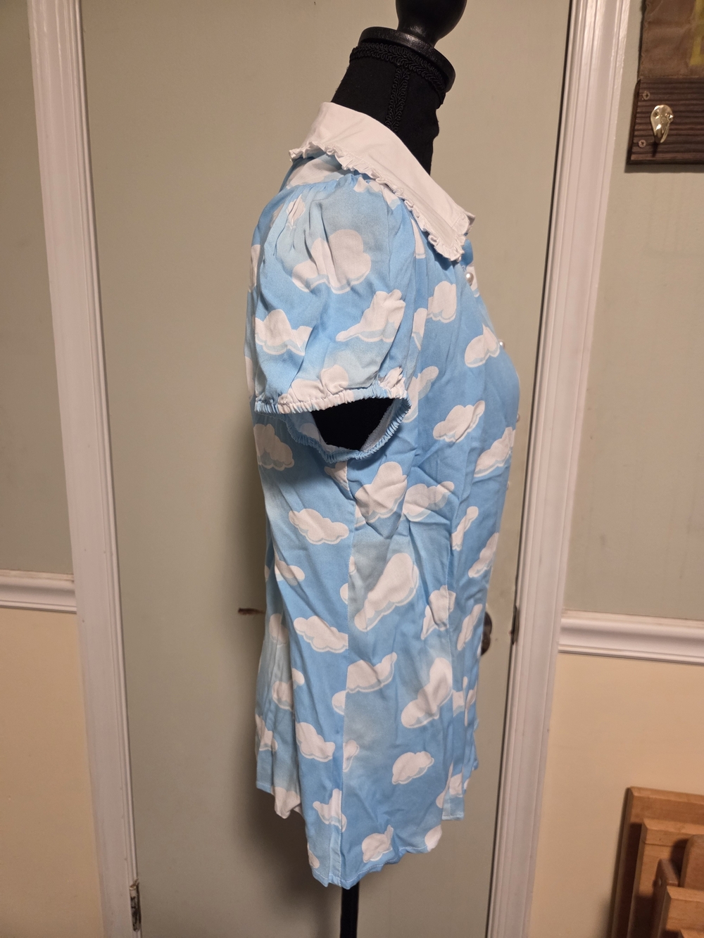 Hell Bunny Blue Cloud Print Button-Down Blouse with White Collar - Picture 3 of 7